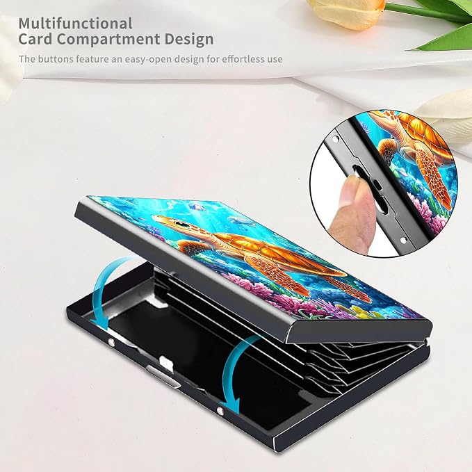 RFID Metal Wallet Credit Cards Holder Slim Mini Business Card Holder Metal ID Case Gift for Men Women,Cartoon Turtle