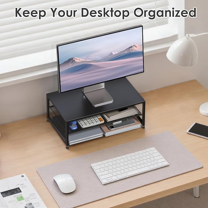 ECOLOVI 2-Tier Computer Monitor Stand Riser, Desk Organizer for Monitor, Printer & Laptop Stand, Desktop Workspace Organizers for Office Supplies(Black)