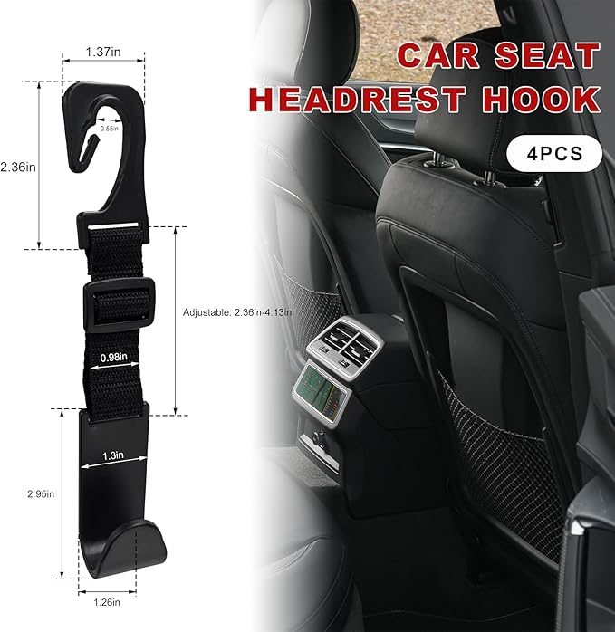 4PCS Car Seat Headrest Hook, Adjustable Vehicle Backseat Hanger Storage Organizer, Universal Seat Back Holder Hooks for Purse Coat Grocery Bag, Car Accessories (Black)