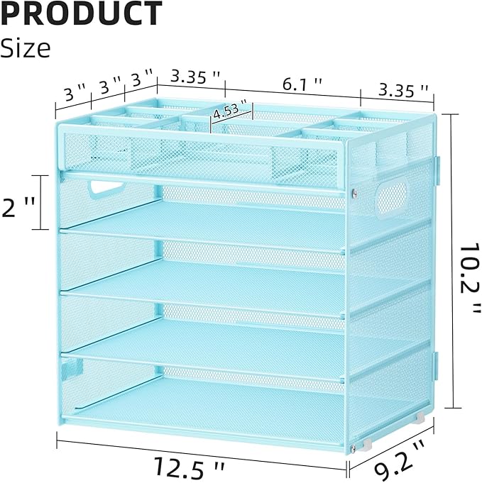 Marbrasse 5-Tier Letter Tray Paper Organizer with Handle, Multi-Functional Mesh File Organizer for Desk, Adjustable Compartments Mesh Desktop Storage for Office Supplies,Blue