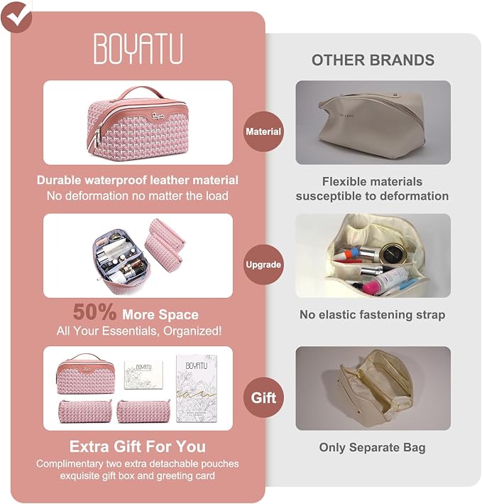 BOYATU Travel Makeup Bag Cosmetic Bags for Women: Large Capacity 3 Pcs Set Make up Bag with Compartments - Waterproof Vegan Leather Toiletry Organizer Bags with Handle (M-79Pink)