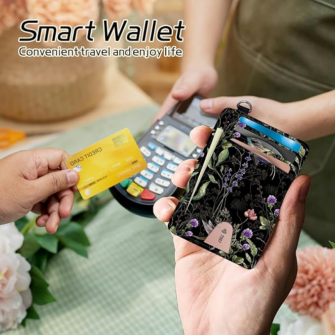 Small Travel Wallets, Wild Flower Hummingbird Slim Minimalist Front Pocket Wallet with Wristlet, RFID Blocking PU Leather Credit Card Holder with ID Window Change Purse for Men Women