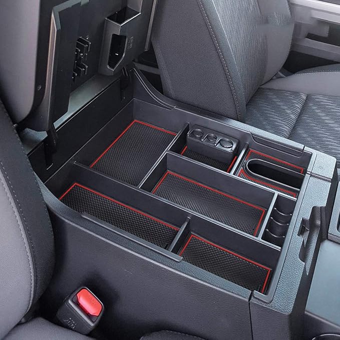EDBETOS Center Console Tray Organizer Compatible with Toyota Tundra 2014 2015 2016 2017 2018 2019 2020 2021 Accessories, Armrest Secondary Storage Box (Red Trim)