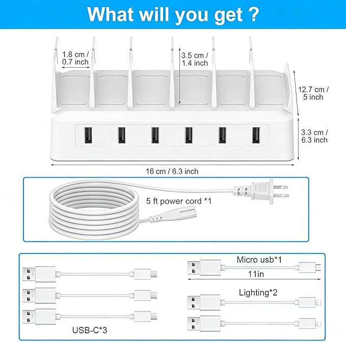 Charging Station for Multiple Devices, 6 Port USB Desktop Charger Dock Compatible with iPad, Samsung, Android, Tablet, Family Multi Phone Charging Organizer with Divider Holders, Fireproof ABS (White)