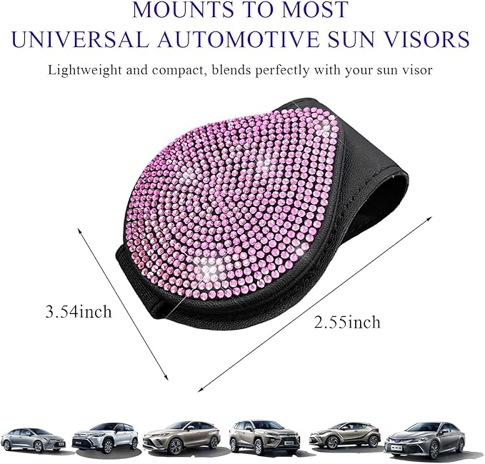 KVAEY Bling Sunglass Holder for Car Visor, Magnetic Leather Visor Clip Glasses Holder with Sparkling Rhinestones, Crystal Visor Ticket Card Clip for Women Girls, Car Accessories (Black & Pink)