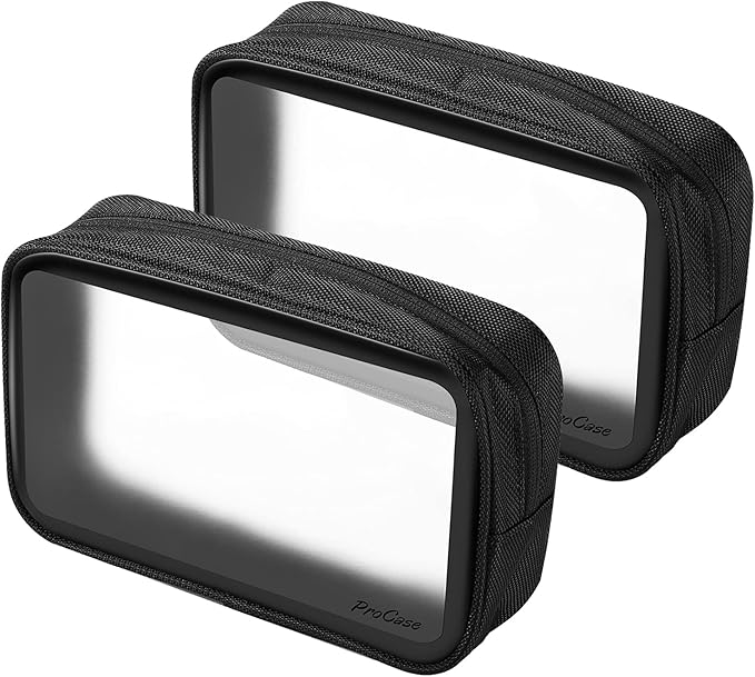 ProCase TSA Approved Travel Toiletry Bag Pouch, Matte Clear Travel Organizer Airport Carry-On Checkpoint Airline Compliant Storage Bag -2 Packs, Black