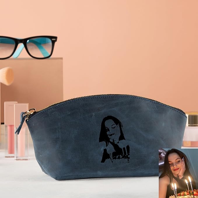 Premium Personalized Genuine Leather Cosmetic Makeup Bag - Wedding Gift for Bridesmaid, Travel Organizer Clutch for Women with Zipper Pouch for Toiletry Essentials (Navy Blue)