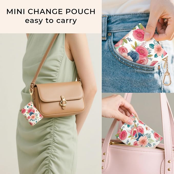 Watercolor Floral Keychain Coin Purse for Women, Small PU Leather Change Pouch, Zipper Little Tiny Travel Wallet for Girls, Cute Kawaii Zip Pocket Coin Holder with Key Ring