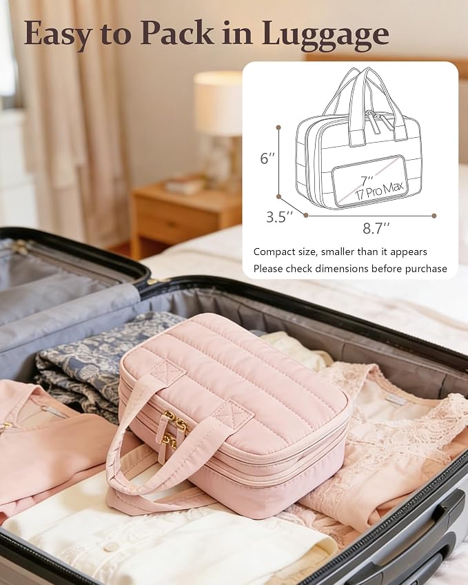 Small Makeup Bag, Travel Cosmetic bag, Toiletry Bag For Women, Make up Bag With Brush Storage, Hanging Toiletry Bag, Puffy Padded Makeup Organizer Case, Wide-open Travel Essentials (Pink)