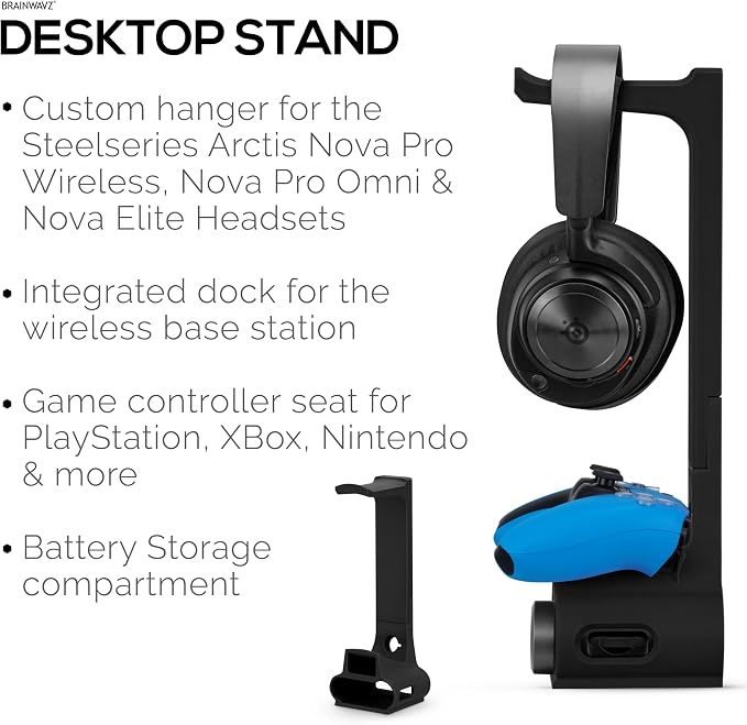 BRAINWAVZ Headphone & Game Controller Stand Designed for Steelseries Arctis Nova Pro, Elite and Pro Omni Wireless Headsets with Dock for the Wireless Base Station - Black (HP03)