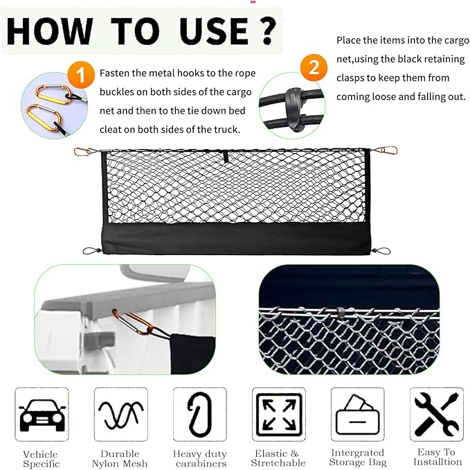 Envelope Style Truck Bed Cargo Net Fits for 2020-2025 Jeep Gladiator JT, Highly Elastic Truck Cargo Net for Gladiator JT Accessories,Upgraded Storage Bag & Heavy Duty Carabiners