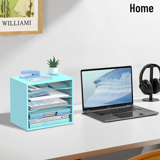 5-Tier Wood Desk Organizer, Paper Tray Organizer for Desk with Adjustable Storage Shelves, Desktop File Organization Paper Sorter Mail Holder for Office Home Classroom, Blue