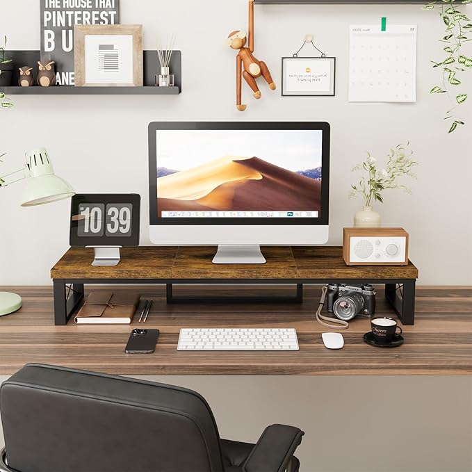 IBUYKE Large Dual Monitor Stand Riser for 2 Monitors, Wooden Desktop Computer Monitor Stand Storage Shelf and Steel Legs,Dual Screen Office Desk,Monitor Riser for Computer, Printer,Laptop,TV,Rustic Brown UTDJ002H