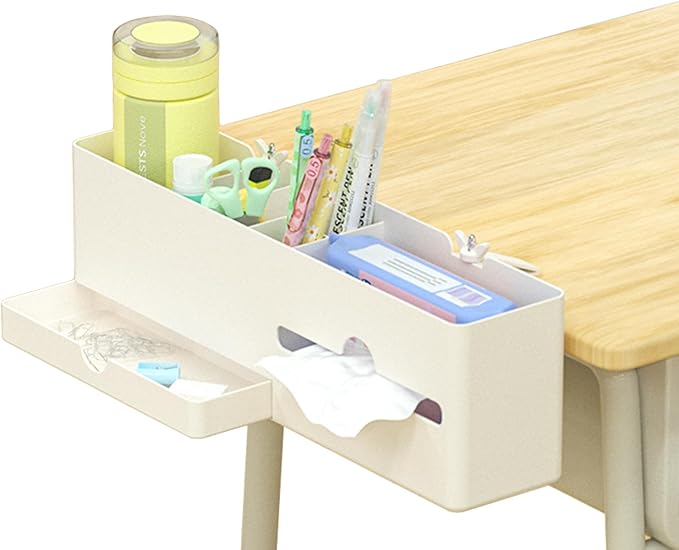 Desk Side Storage Organizer, Desk Cup Holder, No Drill Pen/Pencil/Phone Holder with Hanging Under Table, Clamp On Desktop Side, Stationery Organization Accessories for Home Office(L-size)