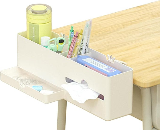 Desk Side Storage Organizer, Desk Cup Holder, No Drill Pen/Pencil/Phone Holder with Hanging Under Table, Clamp On Desktop Side, Stationery Organization Accessories for Home Office(L-size)