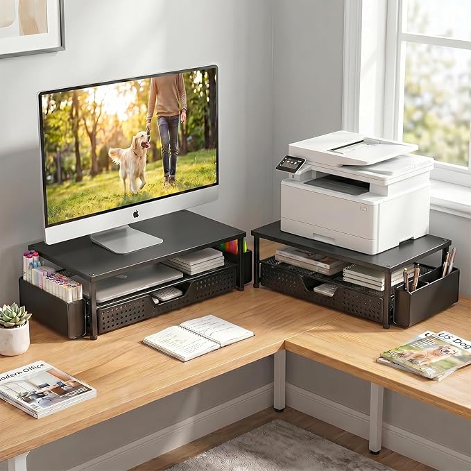 ECOLOVI Desk Organizer and Accessories, 2-Tier Computer Monitor Stand Rise with Storage Drawer & 2 Pen Holders, Laptop & Printer Stand for Desktop, Workspace Organizers for Office Supplies (Black Wood)