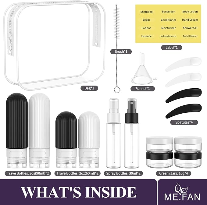 ME.FAN Travel Bottles for Toiletries,18 Pack Silicone Portable Size Bottle, TSA Approved Refillable Cosmetic Container Kits for Conditioner, Shampoo, Lotion,Face Cream - Black/White