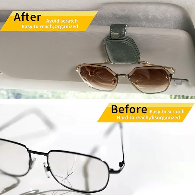 Yuoyar Sunglass Holder for Car, Magnetic Leather Sunglasses Holder and Ticket Card Clip, Car Visor Accessories, 2 Packs (Green)