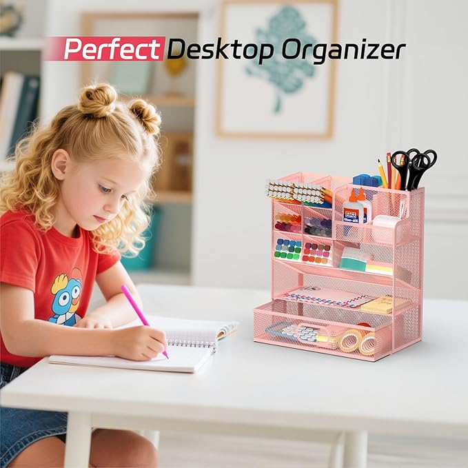 Pen Organizer for Desk - Multi-Functional Pencil Holder with Drawer Desk Organizers, Large Capacity Storage for School Office Home Supplies (Pink)
