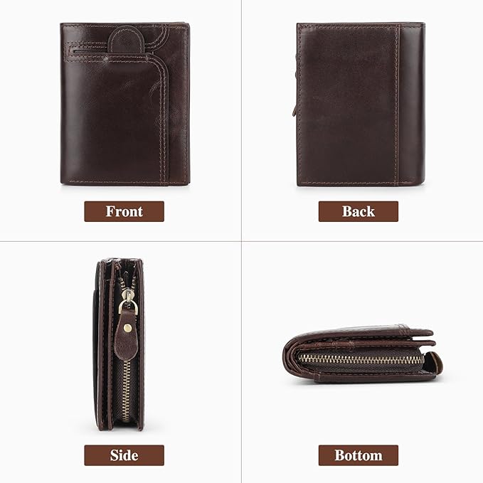BAIGIO Genuine Leather Wallets for Men, Large Capacity Mens Bifold Wallet Leather RFID Blocking with Huge Zip Coin Pocket, 14 Credit Card Slots, Men's Cash Wallet in Gift Box, Brown