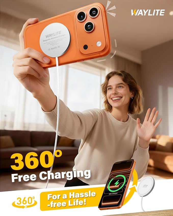 25W Magnetic Wireless Charger, 6FT Fast Charging Pad Wireless Charge for iPhone 17 16 /AirPods3/2/Pro/for Galaxy S26 Ultra/Pixel 10 Series, Portable Charger for Desk& Travel(1Pack,White)