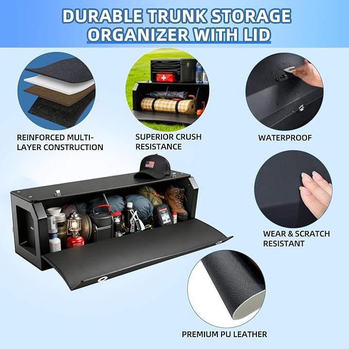Car Trunk Organizer, Waterproof SUV Organizer Trunk Storage with Lid & Handle, Extra Large Leather Callapsible Cargo Organizers, Durable Car Storage Box for Ford Jeep (40.5''*11.4''*12.2'')