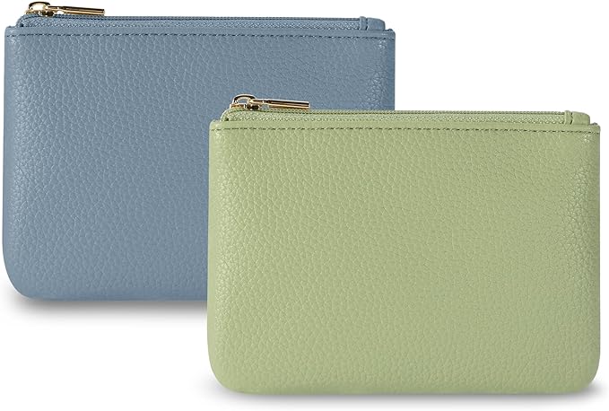 Chelmon PU Leather Coin Purse Pouch Change Holder Small With Zipper for Men Women 2 PCS Set (Blue&Light Green)