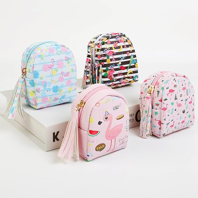 AIBFRID 4Pcs Mini Backpack Keychain,Cute Cosmetic Bag for Women,PU Leather Makeup Bag Key Pocket Lipstick Bag Card Holder Data Cable Organizer Zipper Pouch (Flamingo gifts)