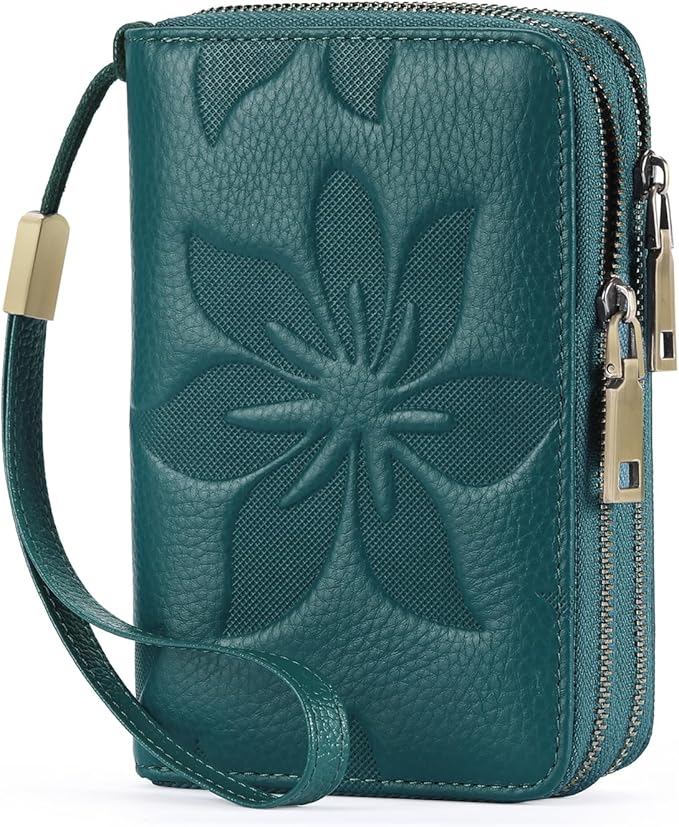 GOIACII Women's Wallet Double Zip Around Credit Card Holder Ladies Wallet Rfid Blocking Wristlet Purse Medium Size Leather Teal