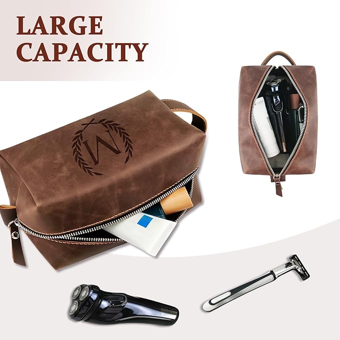 Personalized Travel Toiletry Bag for Men, Custom Initial Shaving Bag Valentines Easter Birthday Retirement Gifts for Men Dad Husband Grandpa Coworker Employee Friend Teacher Reddish Brown K