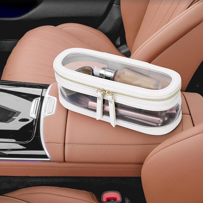 Pinkmik Makeup Brush Case Clear Travel Cosmetic & Toiletry Bag Slim Makeup Bag with Zipper Small Purse Organizer Car Essential Bag for Women (White, SLIM L)