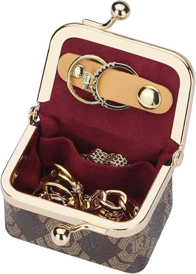 Royal Bagger Genuine Cow Leather Mini Jewelry Box Women's Coin Purse Solid Color Kiss Lock Change Pouch Casual Style Small Storage Bag for Women 1894 (Coffee-6894)