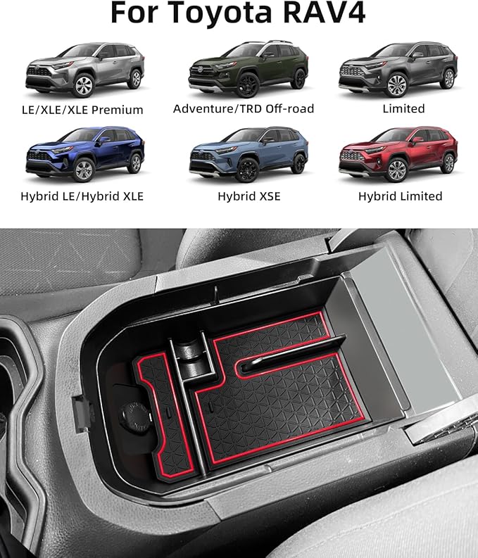 Armrest Organizer and Center Console Organizer for 2025-2020 Toyota RAV4, Center Console Organizer with Removable Rubber Mat, Center Console Tray Custom for Toyota RAV4 Accessories, Red
