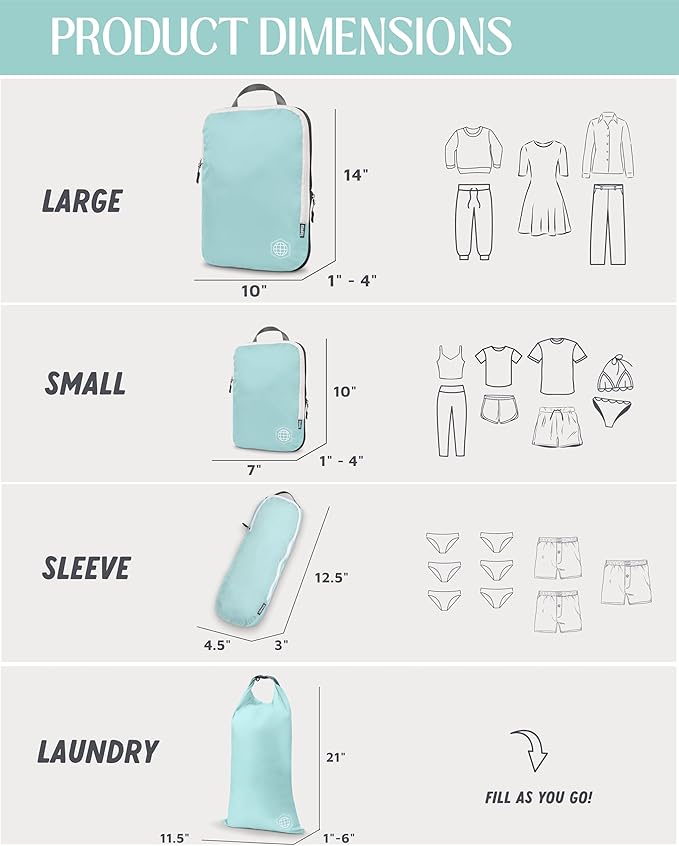 Compression Packing Cubes for Travel, 6-Piece Lightweight Packing Cubes Set for Carry-On Luggage & Backpacks – TRIPPED Travel Gear (Dusty Teal/White)