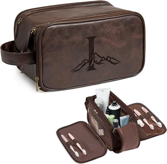 Janhavi Gifts for Father, Waterproof Toiletry Bag For Shower, Engraved Initials & Mountain, Cruise Ship Essentials, Men's Accessories Case, Gifts For Husband, Travel Essentials (Dark Brown I)