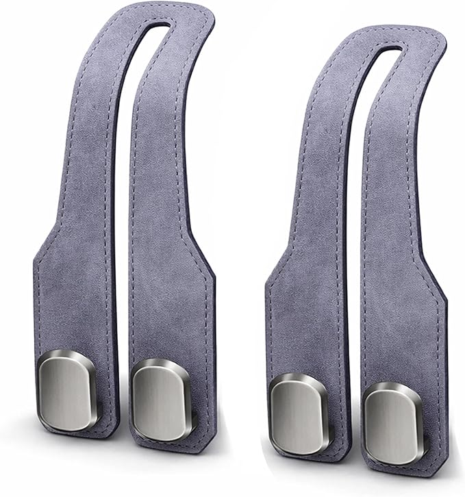 Car Headrest Hook 2 Pack, Premium Leather Car Purse Hooks, Heavy Duty Seat Back Organizer for Handbags, Groceries & Bags, No Scratch, Easy Install Car Accessories (2, Grey)