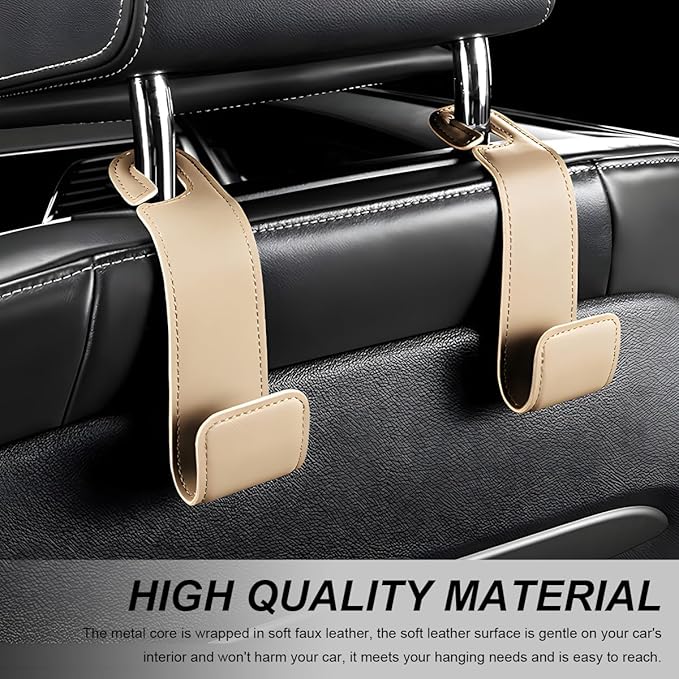 2 PCS Car Seat Headrest Hooks, Microfiber Leather Hanger Holder Hook for Hanging Purse and Bag, Universal Vehicle Back Seat Organizer Hook for Grocery Bag Handbag Coat (Beige)