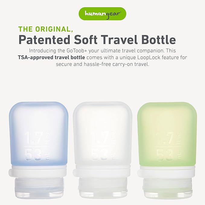 humangear GoToob+ Bottles - Silicone Leak-Proof Travel Tubes for Toiletries, Camping & TSA Carry-On (3-Pack), Small (1.7 fl oz; 53ml), Clear/Green/Blue