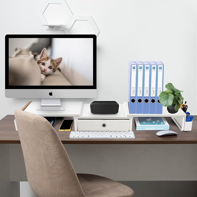 RUILALIFE Dual Monitor Stand Riser w/ Drawer & Metal Leg, Large White Computer Monitor Riser w/ Storage For 2 Screens, Desk Shelf w/ Adjustable Length & Angle, Desktop Organizer