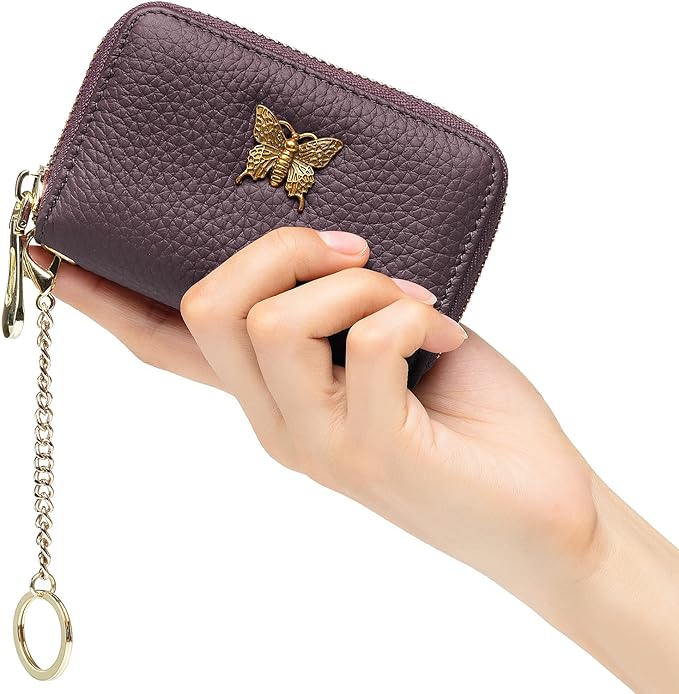 imeetu RFID Credit Card Holder for Women Genuine Leather Card Case Wallet with Zipper and Removable Keychain (Purple Coffee)