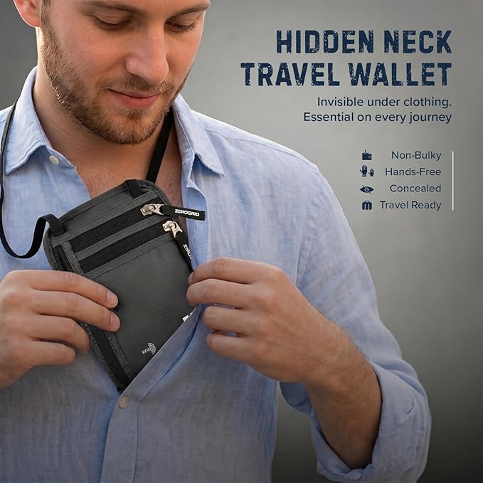 Neck Wallet for Travel & Passport Holder with RFID Blocking - Slim & Easy to Conceal Nylon Travel Pouch for men & women - Holds Phone, Cash, Cards, Keys - Sweat & Water Resistant - Large - Dark Grey