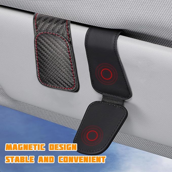 Sunglasses Holder for Car Visor, Microfiber Leather Magnetic Sun Visor Eyeglasses Hanger & Ticket Card Clip, Multi-Function Automotive Interior Glasses Mount, Universal Fit (Carbon Fiber)