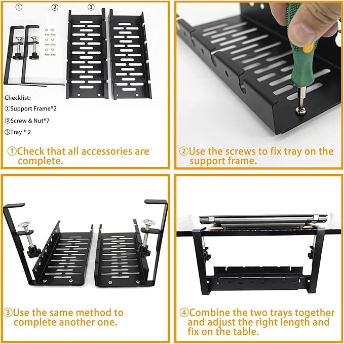 No Drilling Extendable Under Desk Cable Management, Metal Cable Tray Under Desk with Clamp, Retractable Power Strip Cord Holder for Wire