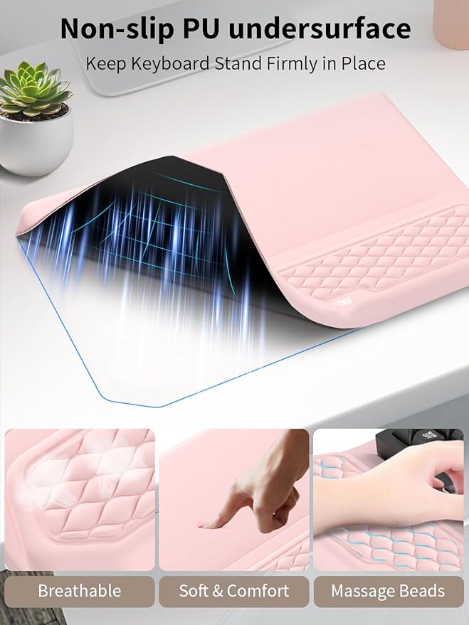 3-in-1 Ergonomic Keyboard Stand with Wrist Rest & Mouse Pad Set, Comfy Keyboard Riser Holder Soft Mousepad with Massage Design, Memory Foam and Non-Slip PU Base for Pain Relief, Pink
