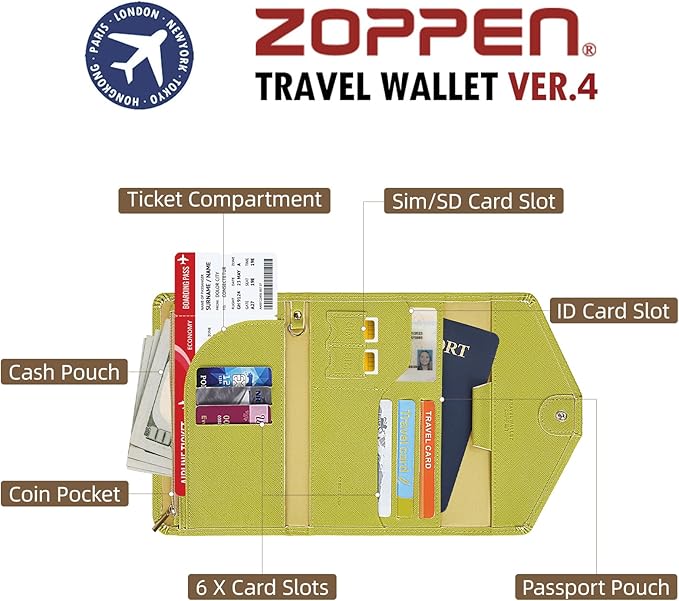 ZOPPEN Mulit-purpose Rfid Blocking Passport Holder Travel Wallet (Ver.4) Passport and Vaccine Card Holder ComboTri-fold Document Organizer Travel Essentials