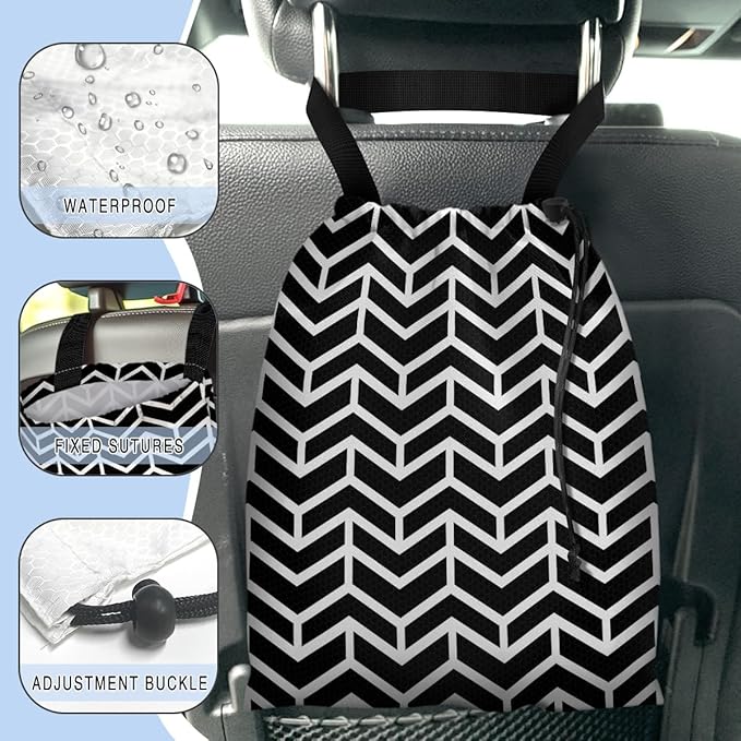 Car Trash Bag Hanging Back of Seat Waterproof Small Cute Printed One-Handed Strap Drawstring Garbage Bags for Car-Black White