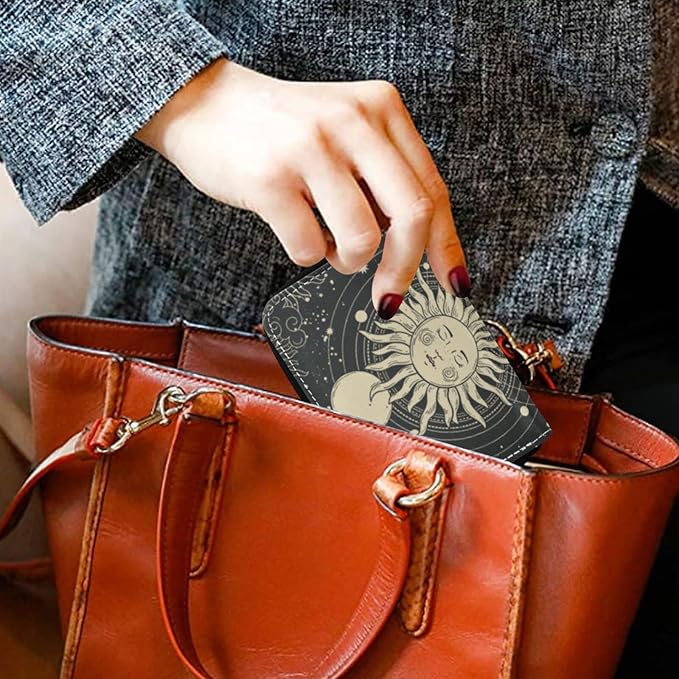 Boho Tarot Moon RFID Credit Card Holder Wallets Accordion for Women Leather Zipper Card Case Accordion Wallet for Ladies Girls