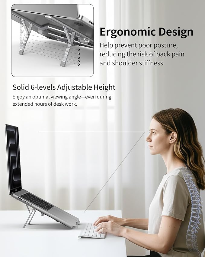 SODI Ultra Compact Foldable Laptop Stand - Portable Laptop Holder for Desk & Travel Use, Adjustable, Ergonomic Aluminum Computer Holder for MacBook, Tablet 10-16" (Light Gray, Bi-Fold-Horizontal)