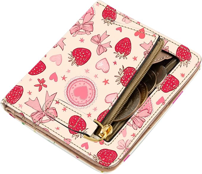 AIRMORS Small Wallet Women Cute Credit Card Holder Billfold Slim Card Holder Wallets for Travel Girls Thin Bifold Pocket Mini Coin Purse with ID Window (Pink Strawberries)