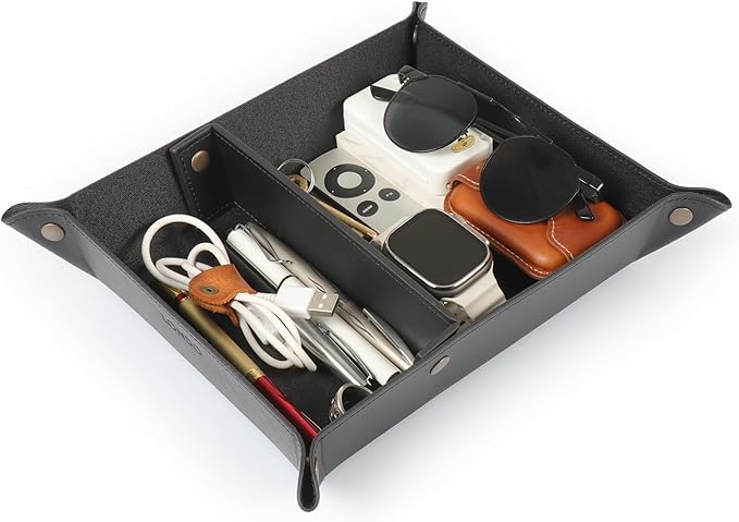 Londo Leather Tray Organizer - Practical Lightweight Water Resistant Computer Table Desk Storage Box for Wallets, Watches, Keys, Coins, Cell Phones and Office Equipment